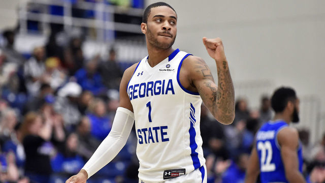 ATLANTA, GA - JANUARY 26: Georgia State guard Damon Wilson pumps his fist after a play during the second half of the Georgia State Panthers game versus the TexasArlington Mavericks on January 26, 2019, at Georgia State Sports Arena in Atlanta, GA.