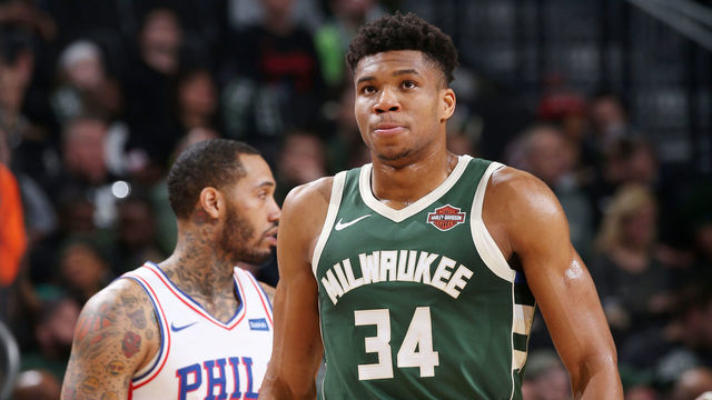 MILWAUKEE, WI - MARCH 17: Giannis Antetokounmpo #34 of the Milwaukee Bucks looks on during the game against the Philadelphia 76ers on March 17, 2019 at the Fiserv Forum Center in Milwaukee, Wisconsin. Mandatory Copyright Notice: Copyright 2019 NBAE .