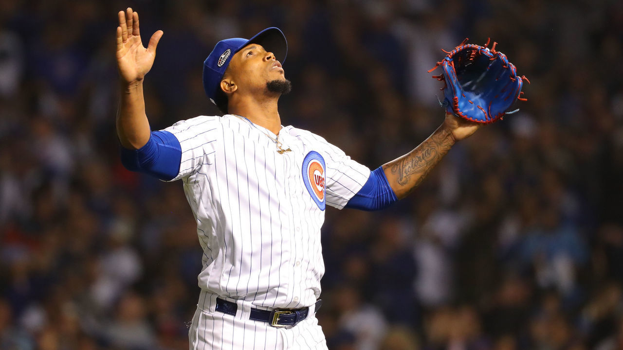 CHICAGO, IL - OCTOBER 2: Pedro Strop #46 of the Chicago Cubs celebrates during the National League Wild Card game against the Colorado Rockies at Wrigley Field on Tuesday, October 2, 2018 in Chicago, Illinois.