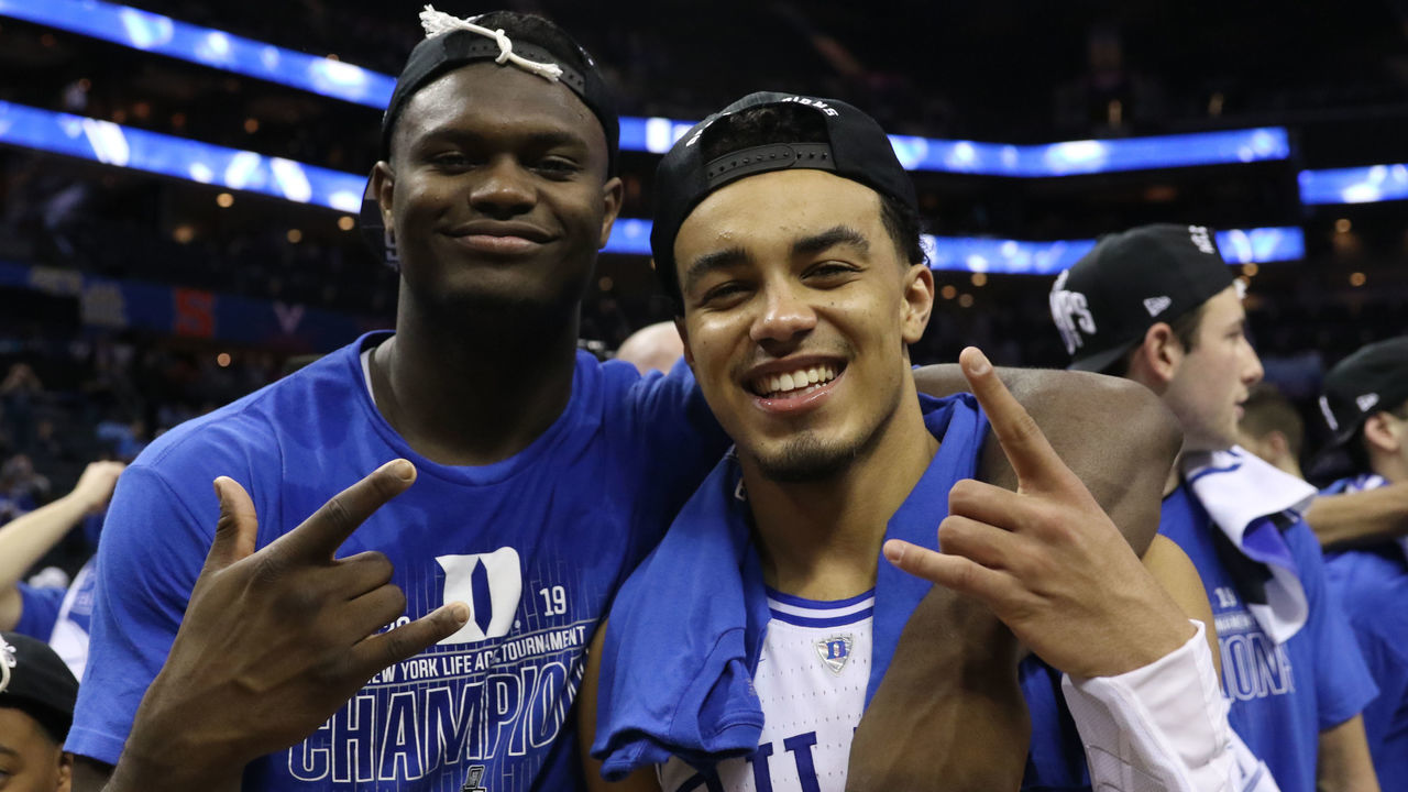 CHARLOTTE, NC - MARCH 16: Duke Blue Devils forward Zion Williamson (1) and Duke Blue Devils guard Tre Jones (3) at the end of the of the ACC Tournament championship game with the Duke Blue Devils versus the Florida State Seminoles on March 16, 2019, at the Spectrum Center in Charlotte, NC.