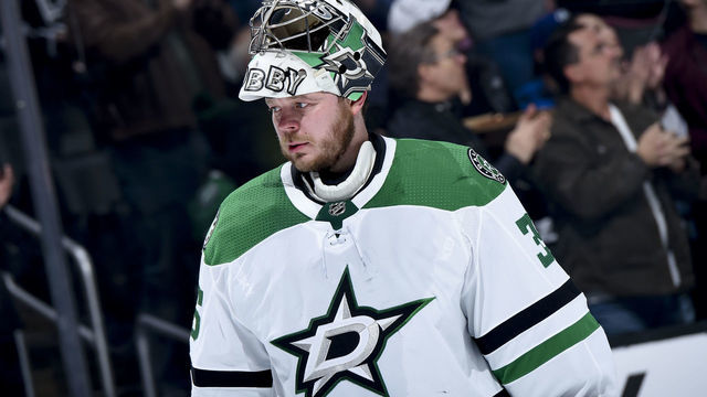 LOS ANGELES, CA - FEBRUARY 28: Goaltender Anton Khudobin #35 of the Dallas Stars waits for play to resume during the first period of the game against the Los Angeles Kings at STAPLES Center on February 28, 2019 in Los Angeles, California. *** Local Caption ***