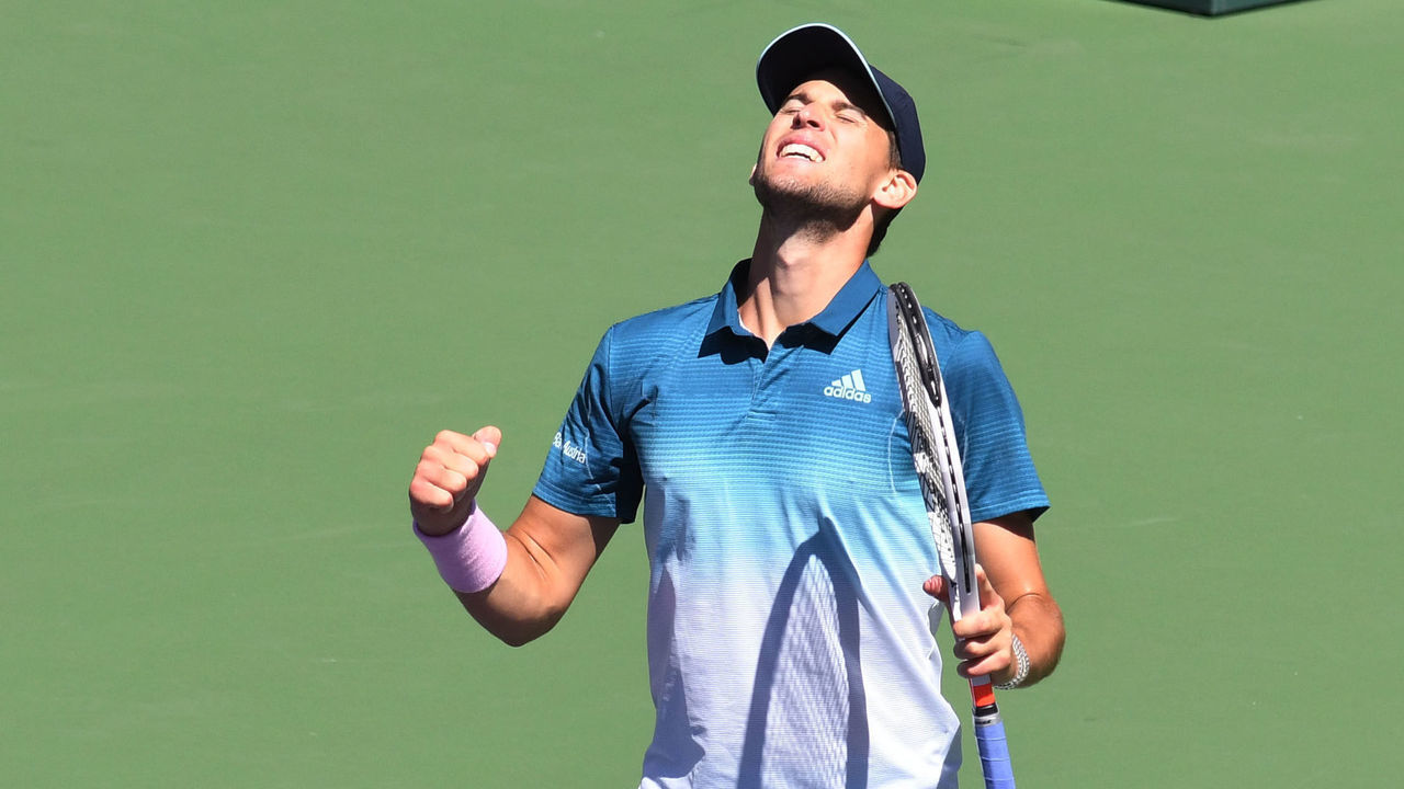 INDIAN WELLS, CA - MARCH 16: Dominic Thiem (AUT) celebrates his semifinal win in the BNP Paribas Open on March 16, 2019, at Indian Wells Tennis Garden in Indian Wells, CA.
