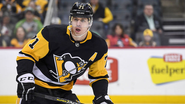PITTSBURGH, PA - MARCH 16: Pittsburgh Penguins Center Evgeni Malkin (71) skates during the second period in the NHL game between the Pittsburgh Penguins and the St. Louis Blues on March 16, 2019, at PPG Paints Arena in Pittsburgh, PA.