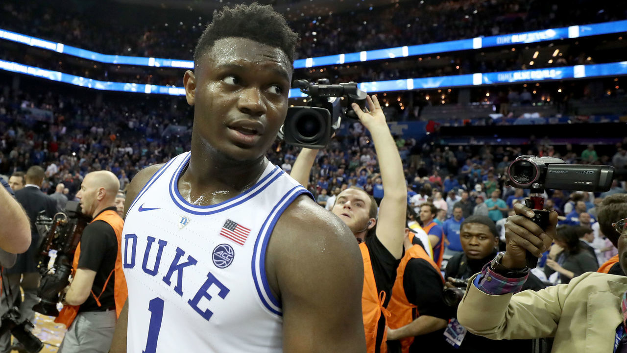CHARLOTTE, NORTH CAROLINA - MARCH 16: Zion Williamson #1 of the Duke Blue Devils reacts after defeating the Florida State Seminoles 73-63 in the championship game of the 2019 Men's ACC Basketball Tournament at Spectrum Center on March 16, 2019 in Charlotte, North Carolina.