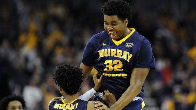 EVANSVILLE, IN - MARCH 09: Murray State Racers Forward Darnell Cowart (32) celebrates with Murray State Racers Guard Ja Morant (12) as time expires on the Ohio Valley Conference (OVC) Championship college basketball game between the Murray State Racers and the Belmont Bruins on March 9, 2019, at the Ford Center in Evansville, Indiana.