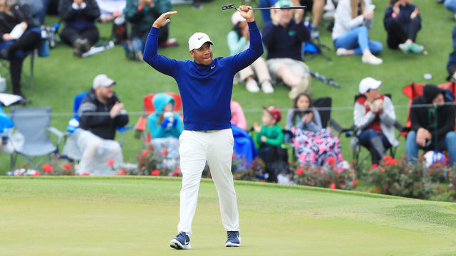 PONTE VEDRA BEACH, FLORIDA - MARCH 17: Jhonattan Vegas of Venezuela reacts to his birdie putt on the 17th green during the final round of The PLAYERS Championship on The Stadium Course at TPC Sawgrass on March 17, 2019 in Ponte Vedra Beach, Florida.