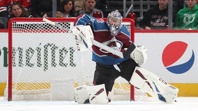 DENVER, CO - MARCH 11: Goaltender Philipp Grubauer #31 of the Colorado Avalanche makes a save against the Carolina Hurricanes at the Pepsi Center on March 11, 2019 in Denver, Colorado.