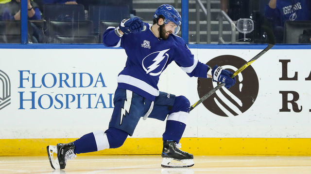 TAMPA, FL - DECEMBER 2: Nikita Kucherov #86 of the Tampa Bay Lightning celebrates after scoring over the San Jose Sharks during the third period at Amalie Arena on December 2, 2017 in Tampa, Florida.