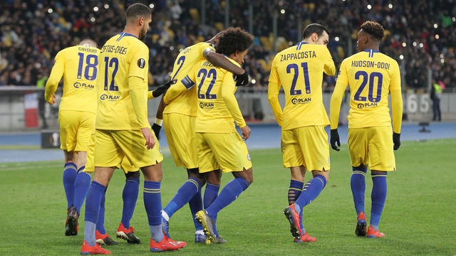 KIEV, UKRAINE - 2019/03/14: Chelsea's players are seen celebrating after scoring a goal during the second leg of the UEFA Europa League round of 16 football match between Chelsea and Dynamo Kiev at Olimpiyskiy Stadium in Kiev, Ukraine.