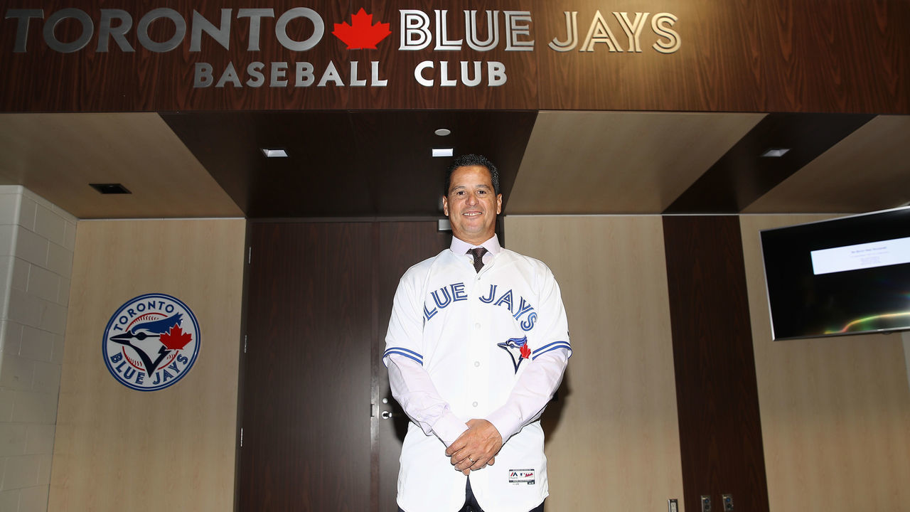 TORONTO, ON - OCTOBER 29: New manager Charlie Montoyo of the Toronto Blue Jays poses for a photo outside the clubhouse doors after being introduced to members of the media on October 29, 2018 in Toronto, Canada.