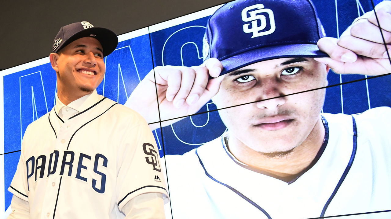 PEORIA, ARIZONA - FEBRUARY 22: Manny Machado #8 of the San Diego Padres smiles during a press conference at Peoria Stadium on February 22, 2019 in Peoria, Arizona.