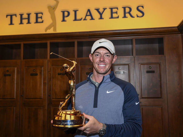 PONTE VEDRA BEACH, FL - MARCH 17: Rory McIlroy of Northern Ireland with THE PLAYERS Championship trophy in the Champions locker room after the final round of THE PLAYERS Championship on THE PLAYERS Stadium Course at TPC Sawgrass on March 17, 2019, in Ponte Vedra Beach .