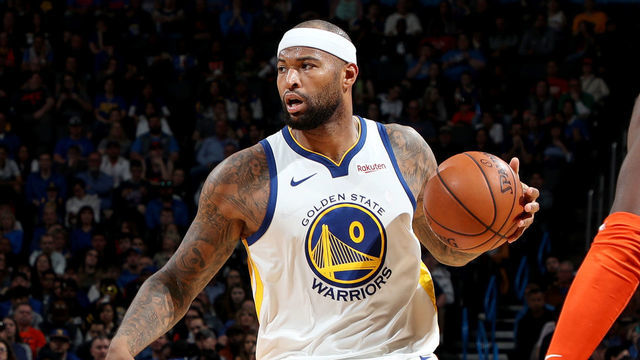 OKLAHOMA CITY, OK- MARCH 16: DeMarcus Cousins #0 of the Golden State Warriors handles the ball during the game against the Oklahoma City Thunder on March 16, 2019 at Chesapeake Energy Arena in Oklahoma City, Oklahoma. Mandatory Copyright Notice: Copyright 2019 NBAE