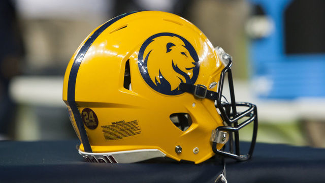 KANSAS CITY, KS - DECEMBER 16: A Texas A&M-Commerce Lions helmet rests on the bench during the NCAA Division II Championship game between the West Florida Argonauts and the Texas A&M-Commerce Lions, played on Saturday December 16, 2017 at Children's Mercy Park in Kansas City, KS