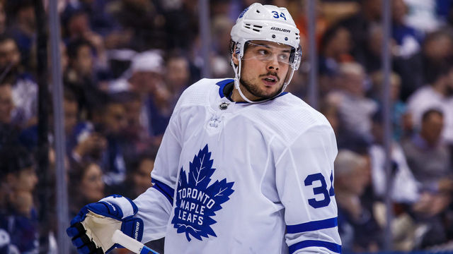 TORONTO, ON - MARCH 11: Auston Matthews #34 of the Toronto Maple Leafs looks on against the Tampa Bay Lightning during the second period at the Scotiabank Arena on March 11, 2019 in Toronto, Ontario, Canada.