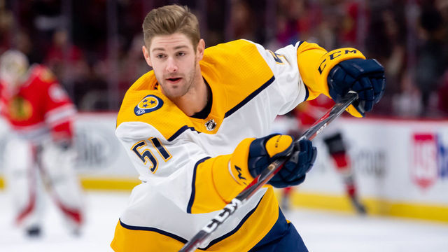 CHICAGO, IL - JANUARY 09: Nashville Predators left wing Austin Watson (51) warms up prior to a game between the Nashville Predators and the Chicago Blackhawks on January 9, 2019, at the United Center in Chicago, IL.