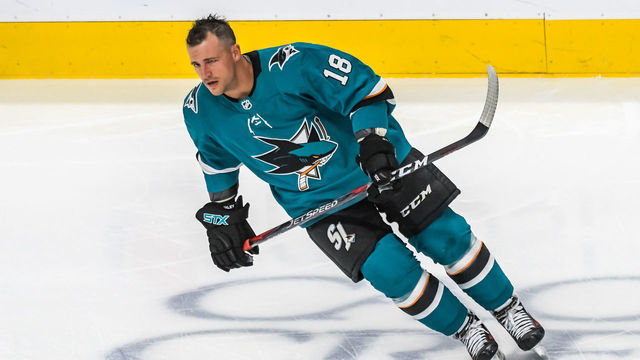 SAN JOSE, CA - MARCH 03: San Jose Sharks Left Wing Micheal Haley (18) warms up on the ice before the game between the Chicago Blackhawks and the San Jose Sharks on Sunday, March 3, 2019 at the SAP Center in San Jose, California.