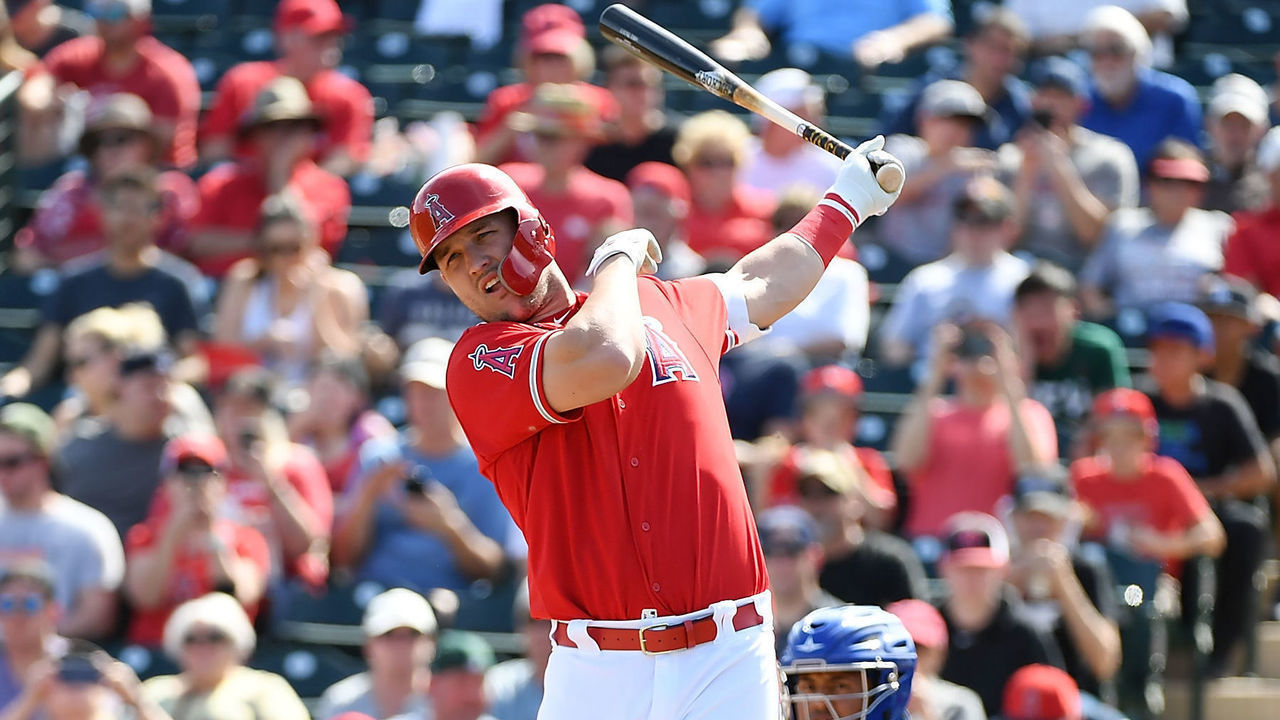 TEMPE, AZ - MARCH 01: Mike Trout #27 of the Los Angeles Angels of Anaheim gets ready to step into the batters box during a spring training game against the Kansas City Royals at Tempe Diablo Stadium on March 1, 2019 in Tempe, Arizona.