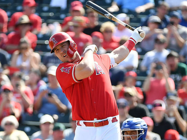 TEMPE, AZ - MARCH 01: Mike Trout #27 of the Los Angeles Angels of Anaheim gets ready to step into the batters box during a spring training game against the Kansas City Royals at Tempe Diablo Stadium on March 1, 2019 in Tempe, Arizona.