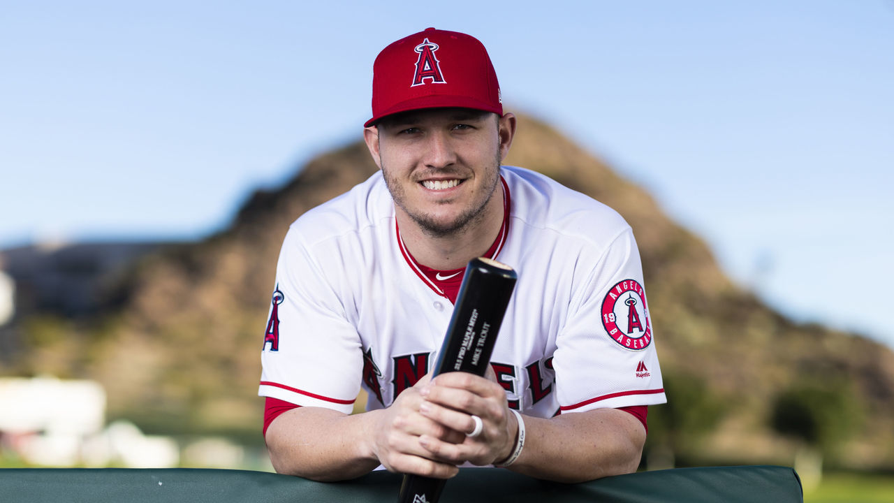 TEMPE, AZ - FEBRUARY 19: Los Angeles Angels outfielder Mike Trout (27) poses for a portrait during the Los Angeles Angels photo day on Tuesday, Feb. 19, 2019 at Tempe Diablo Stadium in Tempe, Ariz.