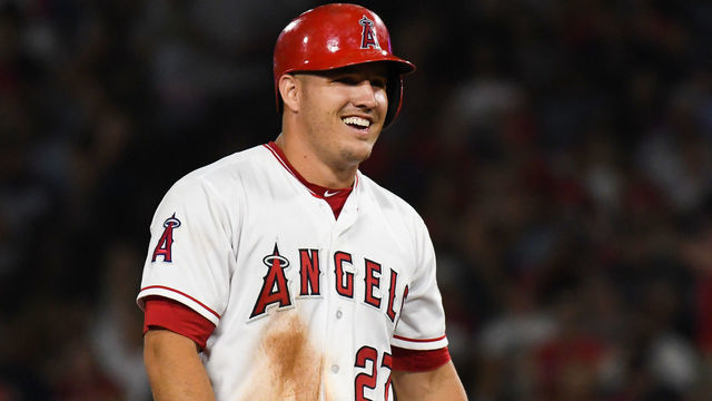 ANAHEIM, CA - JULY 22: Los Angeles Angels of Anaheim center fielder Mike Trout (27) looks on after stealing second base during an MLB game between the Boston Red Sox and the Los Angeles Angels of Anaheim on July 22 2017 at Angel Stadium of Anaheim in Anaheim, CA.