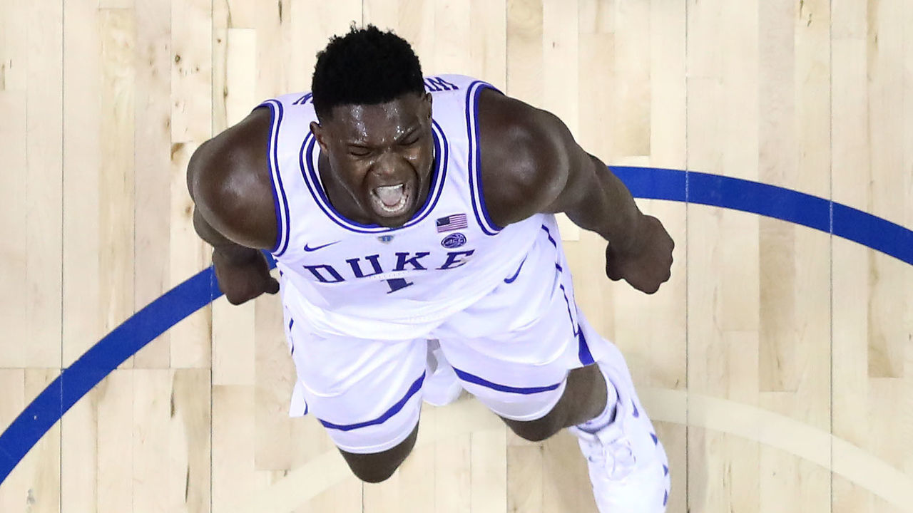 CHARLOTTE, NORTH CAROLINA - MARCH 16: Zion Williamson #1 of the Duke Blue Devils reacts after after a play on the way to defeating the Florida State Seminoles 73-63 in the championship game of the 2019 Men's ACC Basketball Tournament at Spectrum Center on March 16, 2019 in Charlotte, North Carolina.