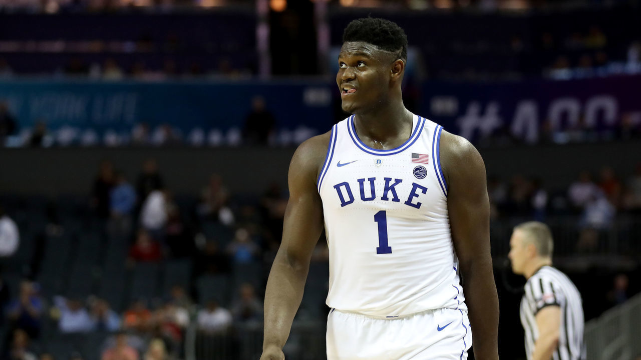 CHARLOTTE, NORTH CAROLINA - MARCH 14: Zion Williamson #1 of the Duke Blue Devils reacts against the Syracuse Orange during their game in the quarterfinal round of the 2019 Men's ACC Basketball Tournament at Spectrum Center on March 14, 2019 in Charlotte, North Carolina.