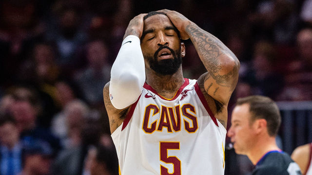 CLEVELAND, OH - NOVEMBER 7: JR Smith #5 of the Cleveland Cavaliers reacts after missing a shot during the first half against the Oklahoma City Thunder at Quicken Loans Arena on November 7, 2018 in Cleveland, Ohio. NOTE TO USER: User expressly acknowledges and agrees that, by downloading and/or using this photograph, user is consenting to the terms and conditions of the Getty Images License Agreement.