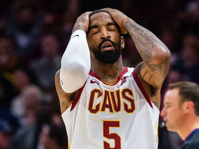 CLEVELAND, OH - NOVEMBER 7: JR Smith #5 of the Cleveland Cavaliers reacts after missing a shot during the first half against the Oklahoma City Thunder at Quicken Loans Arena on November 7, 2018 in Cleveland, Ohio. NOTE TO USER: User expressly acknowledges and agrees that, by downloading and/or using this photograph, user is consenting to the terms and conditions of the Getty Images License Agreement.