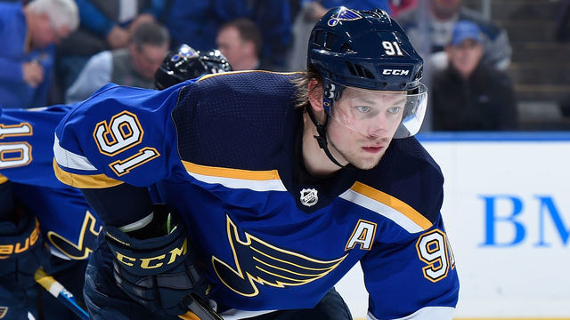 ST. LOUIS, MO - FEBRUARY 19: Vladimir Tarasenko #91 of the St. Louis Blues looks on prior to a face off against the Toronto Maple Leafs at Enterprise Center on February 19, 2019 in St. Louis, Missouri.