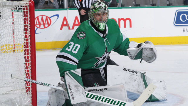 DALLAS, TX - MARCH 5: Ben Bishop #30 of the Dallas Stars tends goal against the New York Rangers at the American Airlines Center on March 5, 2019 in Dallas, Texas.