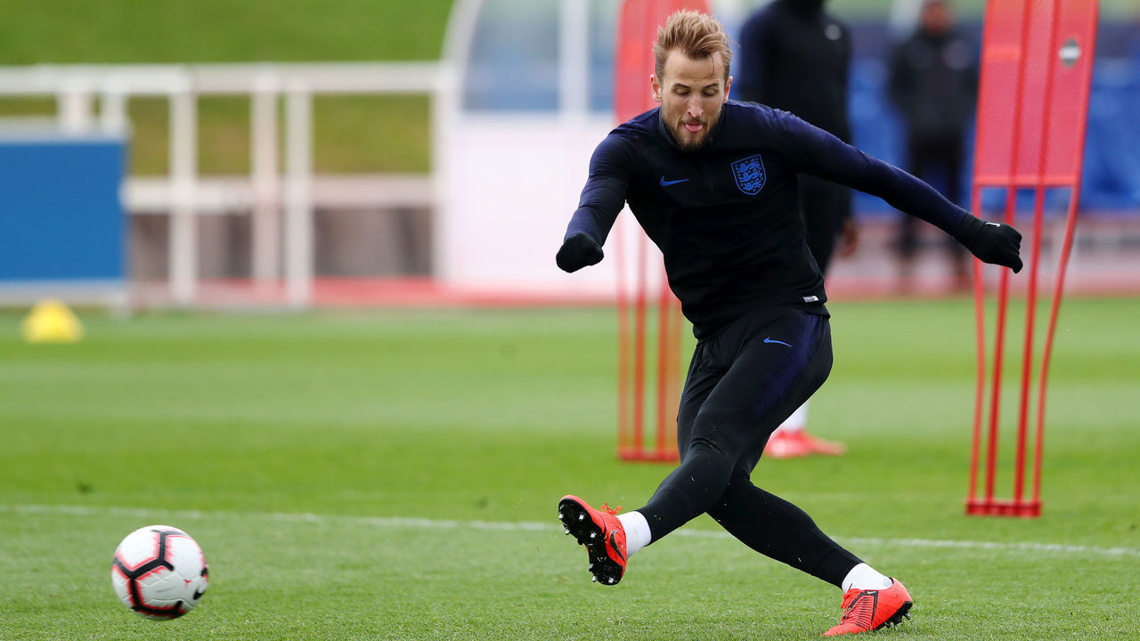 BURTON-UPON-TRENT, ENGLAND - MARCH 19: Harry Kane of England shoots during an England training session during an England Media Access day at St Georges Park on March 19, 2019 in Burton-upon-Trent, England.
