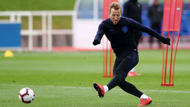 BURTON-UPON-TRENT, ENGLAND - MARCH 19: Harry Kane of England shoots during an England training session during an England Media Access day at St Georges Park on March 19, 2019 in Burton-upon-Trent, England.