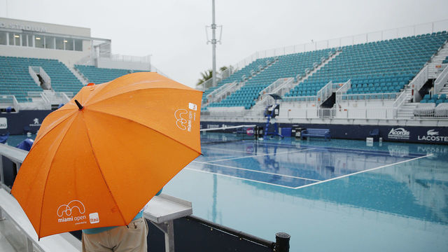 MIAMI GARDENS, FLORIDA - MARCH 19: A rain soaked court is seen on Day 2 of the Miami Open Presented by Itau on March 19, 2019 in Miami Gardens, Florida.