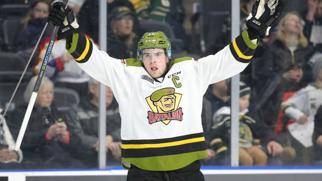 LONDON, ON - FEBRUARY 24: Justin Brazeau #17 of the North Bay Battalion celebrates after scoring a power play goal in the first period during OHL game action against the London Knights at Budweiser Gardens on February 24, 2019 in London, Canada.