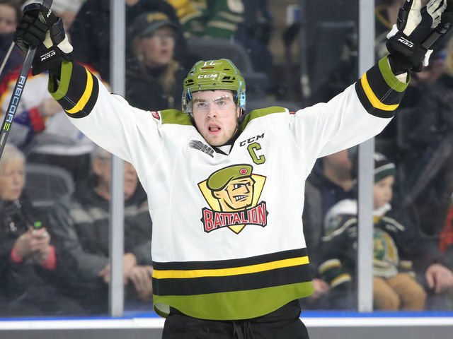 LONDON, ON - FEBRUARY 24: Justin Brazeau #17 of the North Bay Battalion celebrates after scoring a power play goal in the first period during OHL game action against the London Knights at Budweiser Gardens on February 24, 2019 in London, Canada.