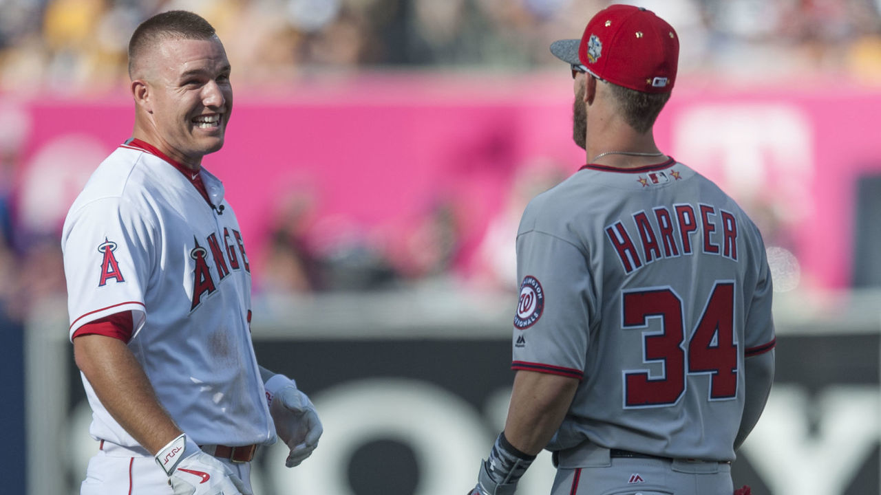 SAN DIEGO, CA - JULY 12: The Angels' Mike Trout jokes around with the Nationals' Bryce Harper during the 2016 MLB All-Star Game at Petco Park in San Diego on Tuesday. ///ADDITIONAL INFO: allstar.0713.kjs --- Photo by KEVIN SULLIVAN / Orange County Register -- 7/12/16 The 2016 MLB All-Star Game at Petco Park in San Diego.