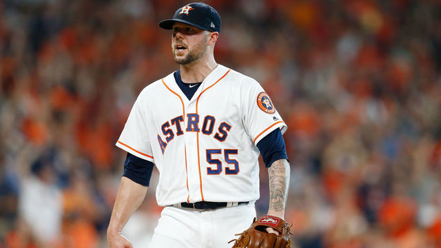 HOUSTON, TX - OCTOBER 05: Ryan Pressly #55 of the Houston Astros reacts in the seventh inning against the Cleveland Indians during Game One of the American League Division Series at Minute Maid Park on October 5, 2018 in Houston, Texas.