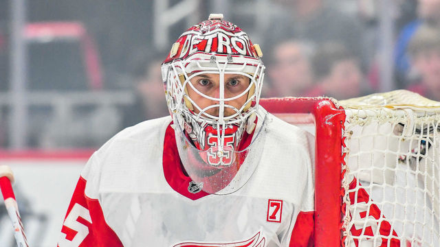 DETROIT, MI - MARCH 14: Detroit Red Wings goaltender Jimmy Howard (35) looks for the puck during the Detroit Red Wings game versus the Tampa Bay Lightning on March 14, 2019, at Little Caesars Arena in Detroit, Michigan.