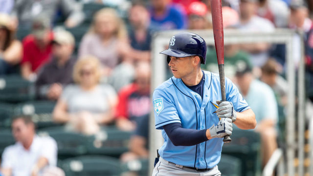 FORT MYERS, FL- MARCH 05: Brandon Lowe #8 of the Tampa Bay Rays bats during a spring training game against the Minnesota Twins on March 5, 2019 at Hammond Stadium in Fort Myers, Florida.