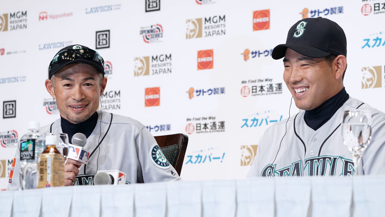 TOKYO, JAPAN - MARCH 16: Ichiro Suzuki #51 and Yusei Kikuchi #18 of the Seattle Mariners attend during the Seattle Mariners training and press conference at the Tokyo Dome on March 16, 2019 in Tokyo, Japan.