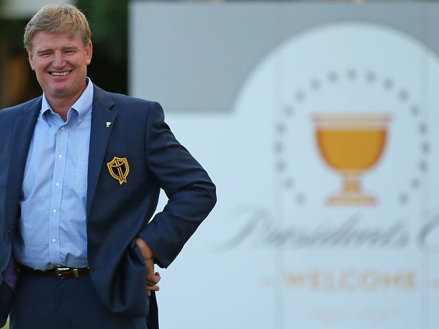 MELBOURNE, AUSTRALIA - NOVEMBER 25: Ernie Els, captain of the International Team speaks at the Presidents Cup International Team Reception after day four of the 2018 World Cup of Golf at Royal Melbourne Golf Club on November 25, 2018 in Melbourne, Australia.