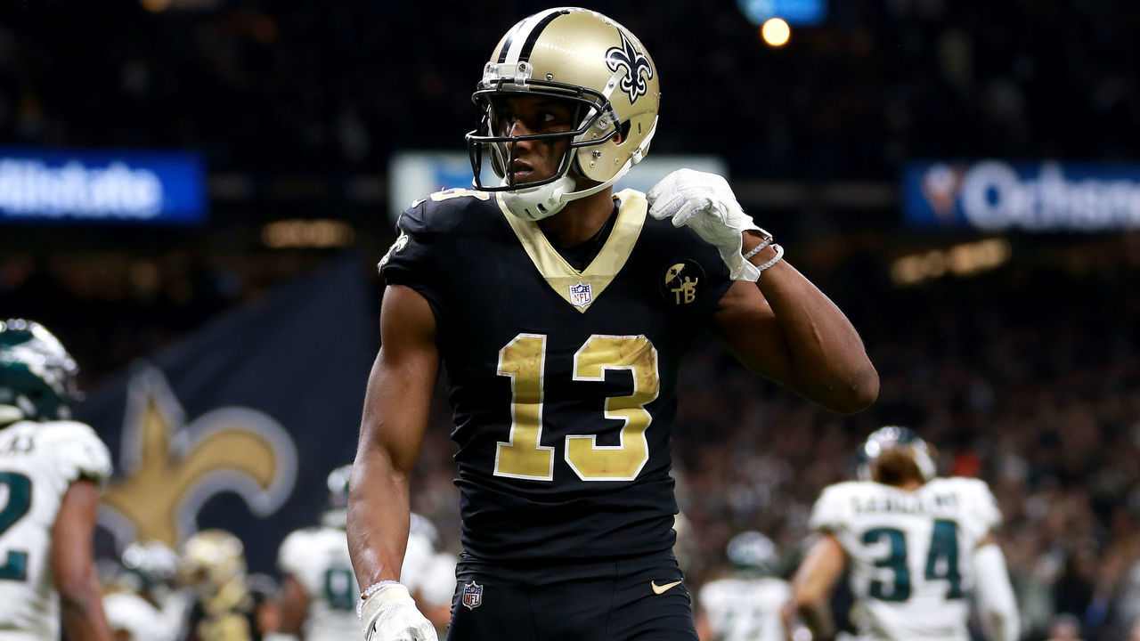 NEW ORLEANS, LOUISIANA - JANUARY 13: Michael Thomas #13 of the New Orleans Saints reacts after scoring a touchdown against the Philadelphia Eagles during the NFC Divisional Playoff at the Mercedes Benz Superdome on January 13, 2019 in New Orleans, Louisiana.
