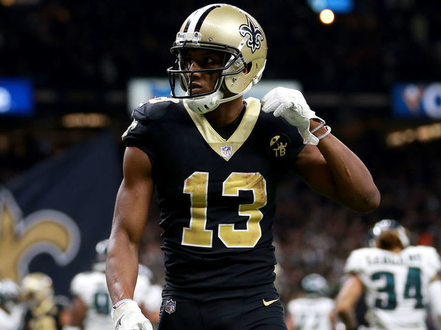 NEW ORLEANS, LOUISIANA - JANUARY 13: Michael Thomas #13 of the New Orleans Saints reacts after scoring a touchdown against the Philadelphia Eagles during the NFC Divisional Playoff at the Mercedes Benz Superdome on January 13, 2019 in New Orleans, Louisiana.
