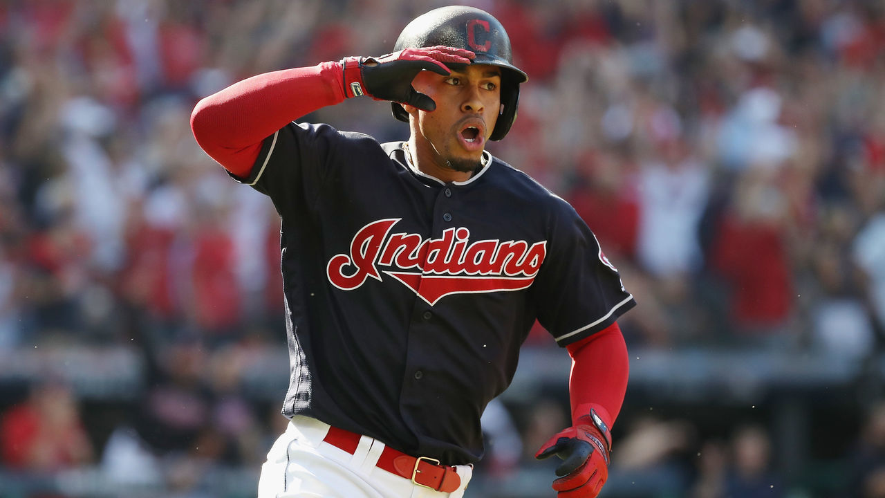 CLEVELAND, OH - OCTOBER 08: Francisco Lindor #12 of the Cleveland Indians reacts as he runs the bases after hitting a solo home run in the fifth inning against the Houston Astros during Game Three of the American League Division Series at Progressive Field on October 8, 2018 in Cleveland, Ohio.