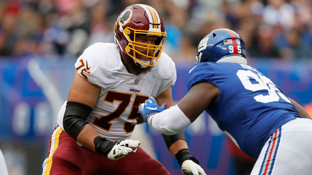 EAST RUTHERFORD, NJ - OCTOBER 28: (NEW YORK DAILIES OUT) Brandon Scherff #75 of the Washington Redskins in action against the New York Giants on October 28, 2018 at MetLife Stadium in East Rutherford, New Jersey. The Redskins defeated the Giants 20-13.