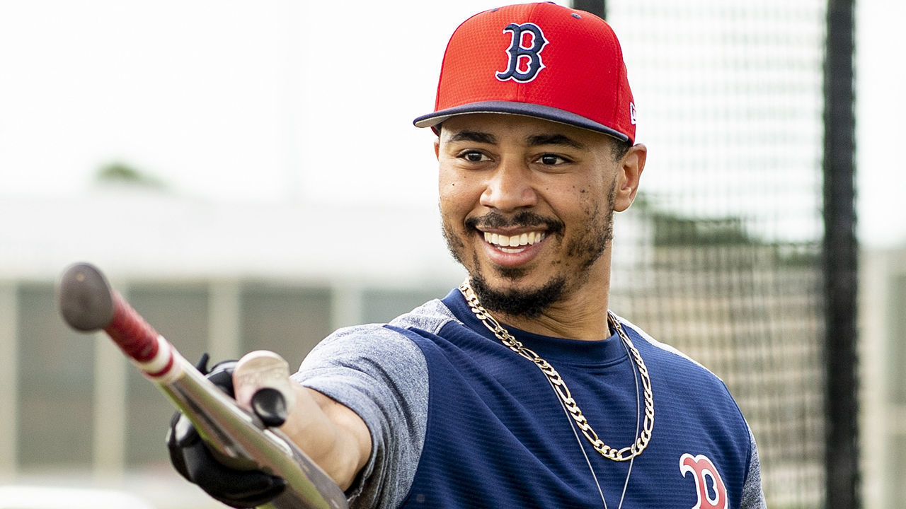FT. MYERS, FL - FEBRUARY 21: Mookie Betts #50 of the Boston Red Sox reacts during a team workout on February 21, 2019 at JetBlue Park at Fenway South in Fort Myers, Florida.