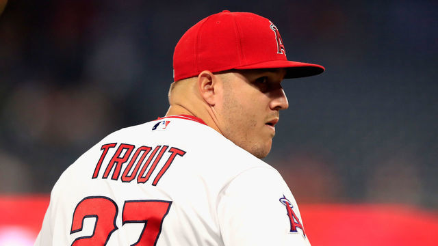 ANAHEIM, CA - SEPTEMBER 25: Mike Trout #27 of the Los Angeles Angels of Anaheim looks on prior to a game against the Texas Rangers at Angel Stadium on September 25, 2018 in Anaheim, California.