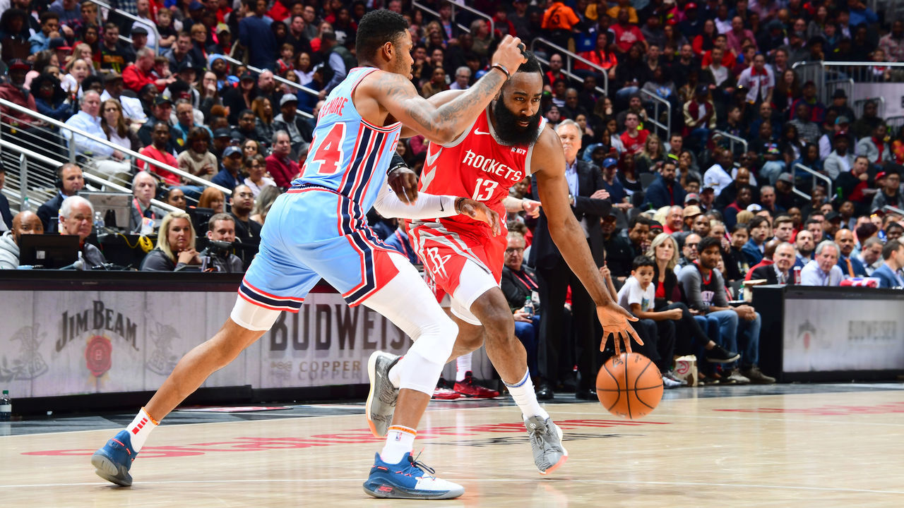 ATLANTA, GA - MARCH 19: James Harden #13 of the Houston Rockets handles the ball against the Atlanta Hawks on March 19, 2019 at State Farm Arena in Atlanta, Georgia. NOTE TO USER: User expressly acknowledges and agrees that, by downloading and/or using this Photograph, user is consenting to the terms and conditions of the Getty Images License Agreement. Mandatory Copyright Notice: Copyright 2019 NBAE