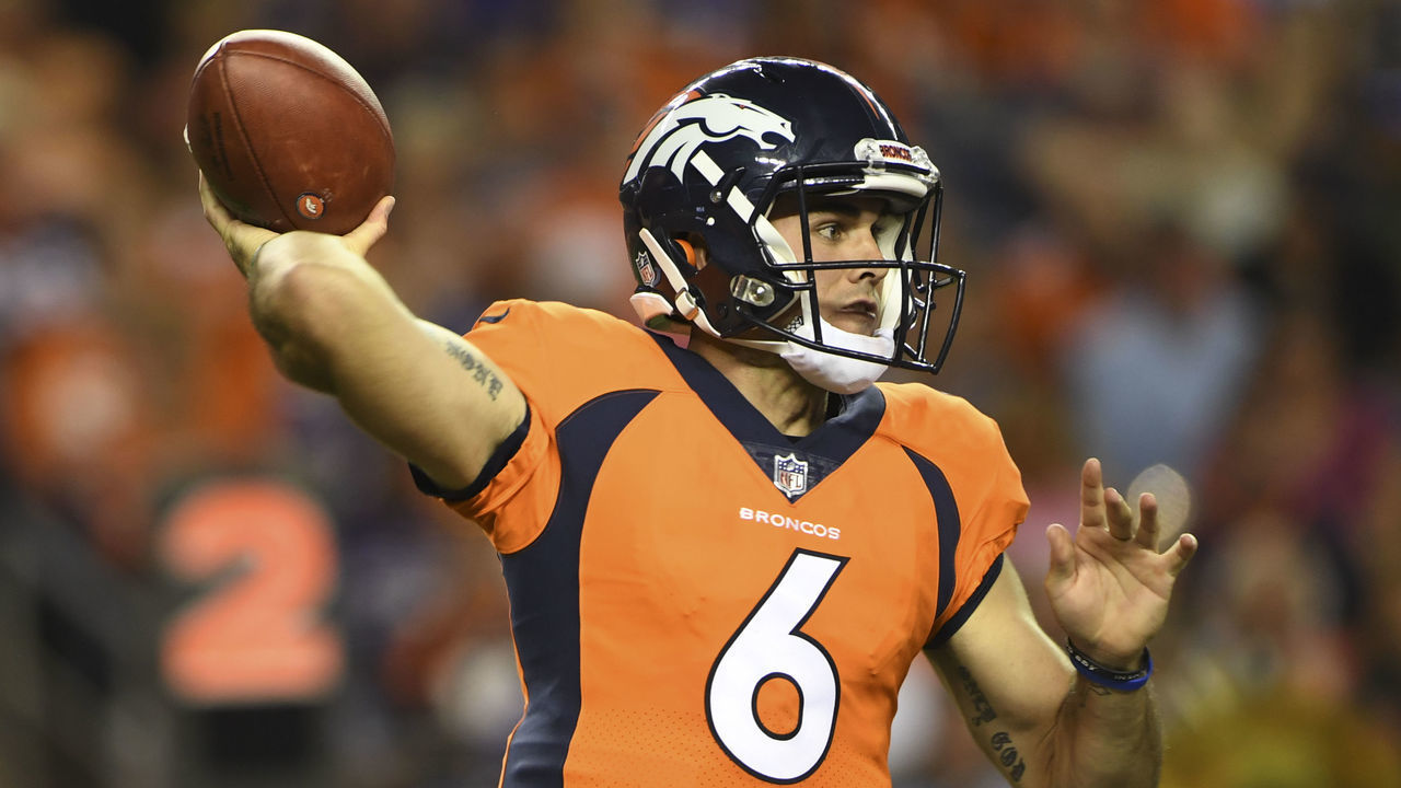 DENVER, CO - AUGUST 11: Chad Kelly #6 passes down the field as the Denver Broncos take on the Minnesota Vikings during the first preseason game at Broncos Stadium at Mile High on August 11, 2018 in Denver, Colorado.